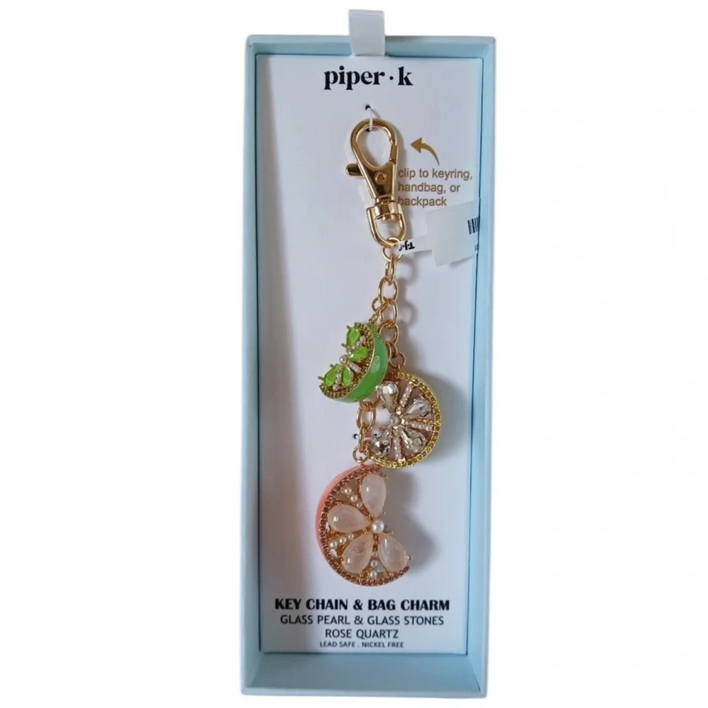 PIPER K Glass Pearls & Rose Quartz Citrus Slice Keychain Bag Purse Charm NEW NWT